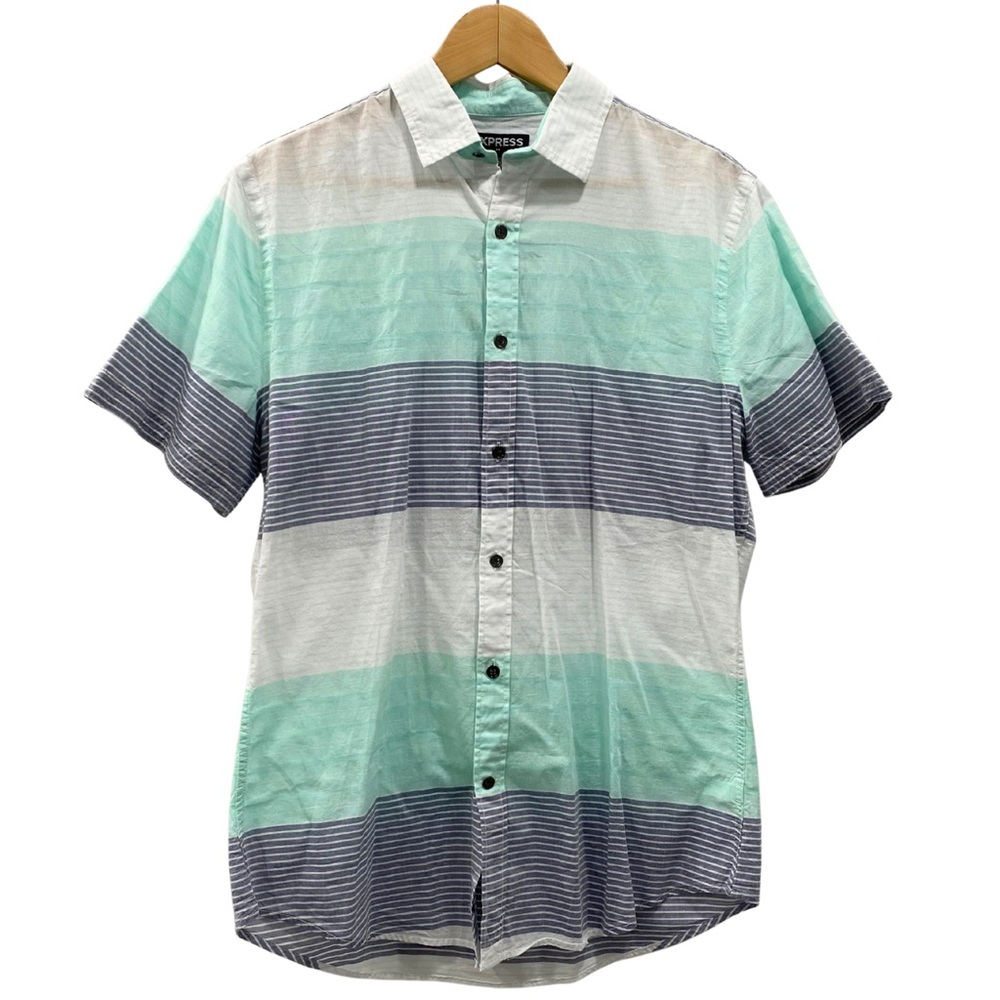 NWT Express Casual Button Down Shirt Men’s M Teal Blue White Stripes